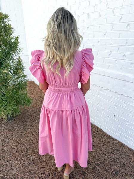 Pink Flutter Sleeve Midi